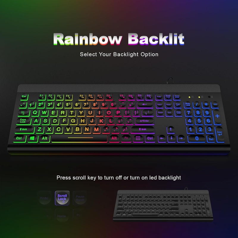 Atelus Large Print Backlit Keyboard, USB Wired Computer Keyboard, Full Size Keyboard with Rainbow Illuminated LED Compatible for Windows Desktop, Laptop, PC, Gaming, Black - Image 5